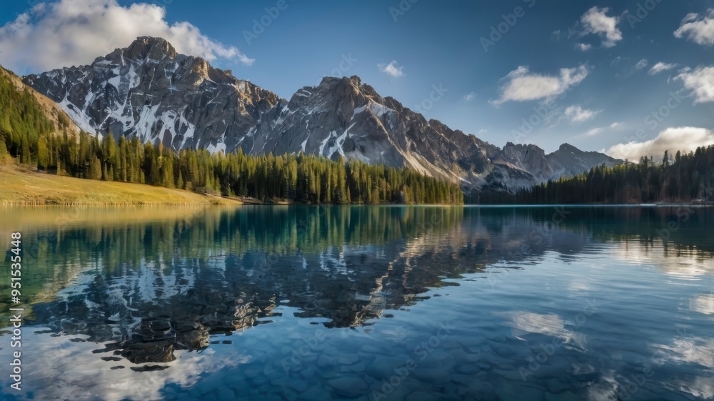 Obraz premium Panoramic scene of mountain and its reflection in blue lake