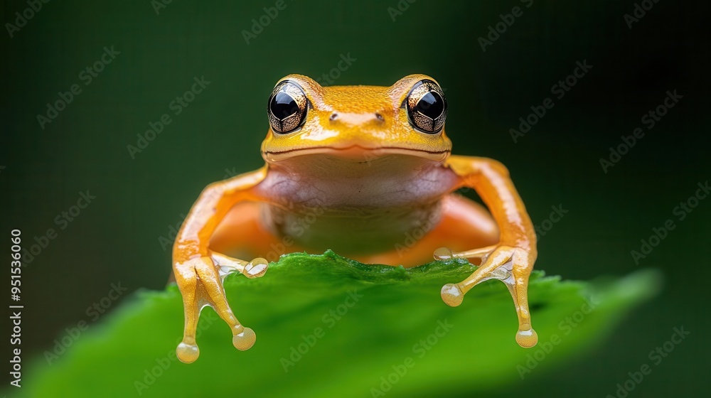 Obraz premium A vibrant orange frog perched on a green leaf, showcasing its glossy skin and captivating eyes in a natural setting.