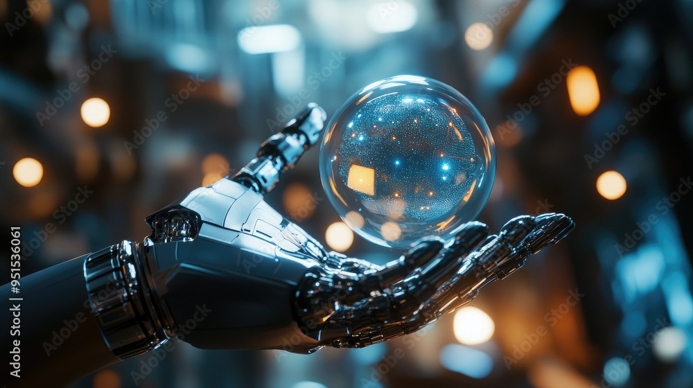Futuristic robot hand holding a bright AI sphere, symbolizing the fusion of robotics and artificial intelligence in a tech-driven world. Futuristic robot hand holding a bright AI sphere, symbolizing the fusion of robotics and artificial intelligence in a tech-driven world.