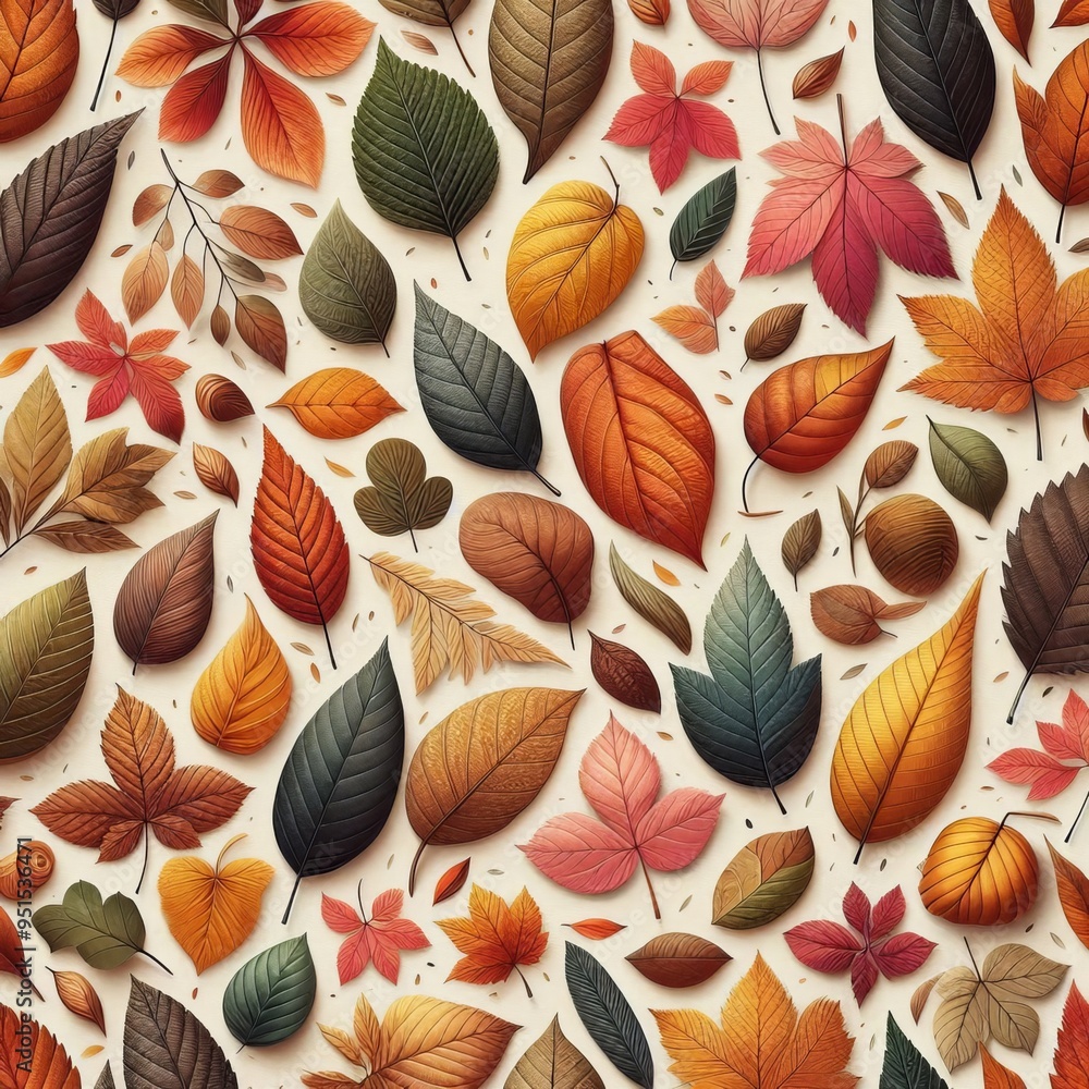 Seamless pattern of autumn leaves in orange and yellow, featuring maple leaves and fall foliage with a natural Seamless pattern of autumn leaves in orange and yellow, featuring maple leaves and fall foliage with a natural