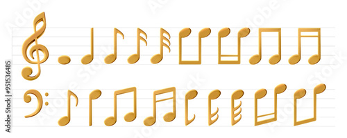 Music sheet elements for melody recording. Treble clef and notes icons. Metal decoration for festival poster. Musical concert illustration in 3d cartoon shiny metallic render. Gold collection isolated
