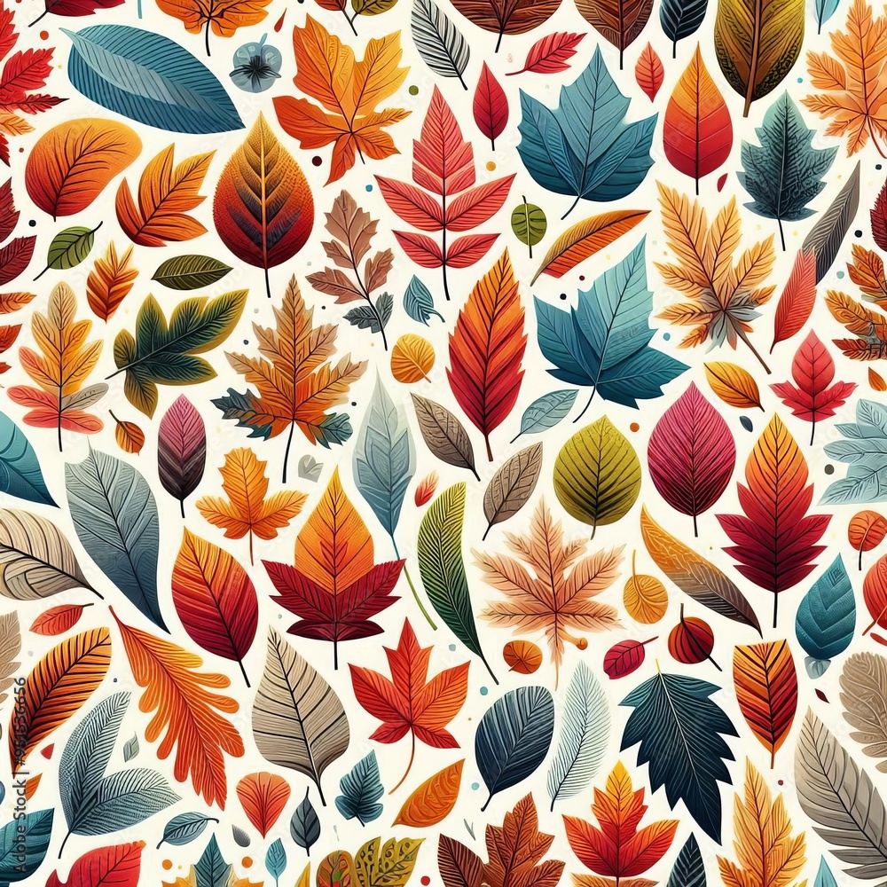 Seamless pattern of autumn leaves in orange and yellow, featuring maple leaves and fall foliage with a natural design Seamless pattern of autumn leaves in orange and yellow, featuring maple leaves and fall foliage with a natural design