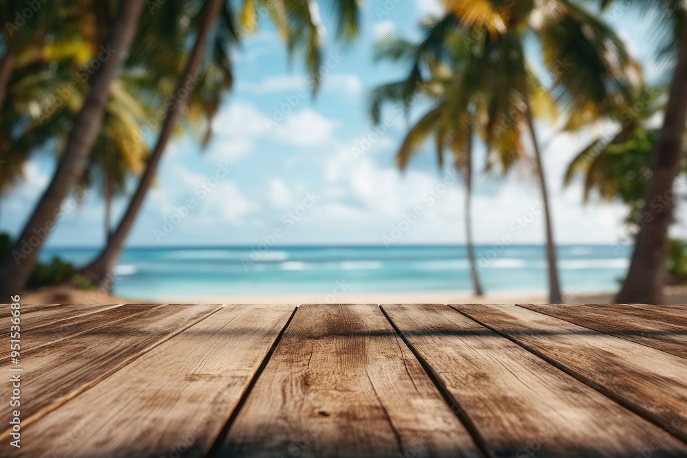 Empty wooden table with blurred beach with coconut trees in the background with generative ai Empty wooden table with blurred beach with coconut trees in the background with generative ai