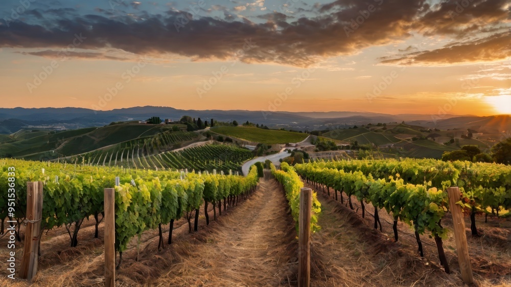 Fototapeta premium Panoramic view of hilltop vineyard at sunset