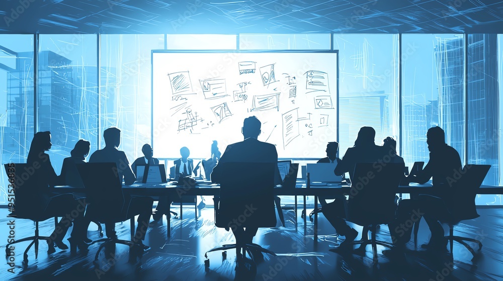 A silhouette of a business meeting in a modern office, with a presentation screen displaying creative ideas and strategies. A silhouette of a business meeting in a modern office, with a presentation screen displaying creative ideas and strategies.