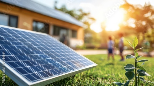 Bright rural school with solar panels, children playing outside, green energy, clean future photo