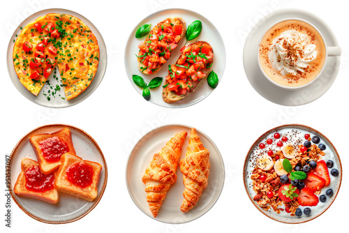 Different breakfast dishes isolated on white or transparent background. Croissant cornetto, cappuccino, bread with jam, yogurt muesli, frittata and bread with tomato close-up in plates. Top view. photo