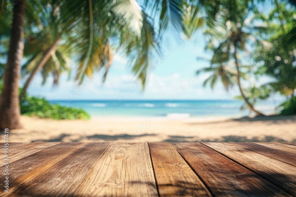 Empty wooden table with blurred beach with coconut trees in the background with generative ai Empty wooden table with blurred beach with coconut trees in the background with generative ai