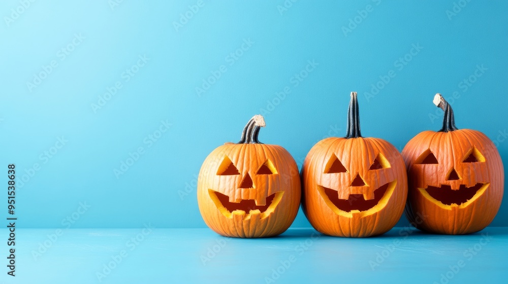 Seasonal joy, Halloween, and festive decor - zoomed on carved pumpkins placed on a table with a blue scene Seasonal joy, Halloween, and festive decor - zoomed on carved pumpkins placed on a table with a blue scene