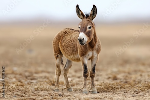 A young wild ass stands gracefully on an open plain, showcasing its unique features and natural habitat in a serene environment. photo