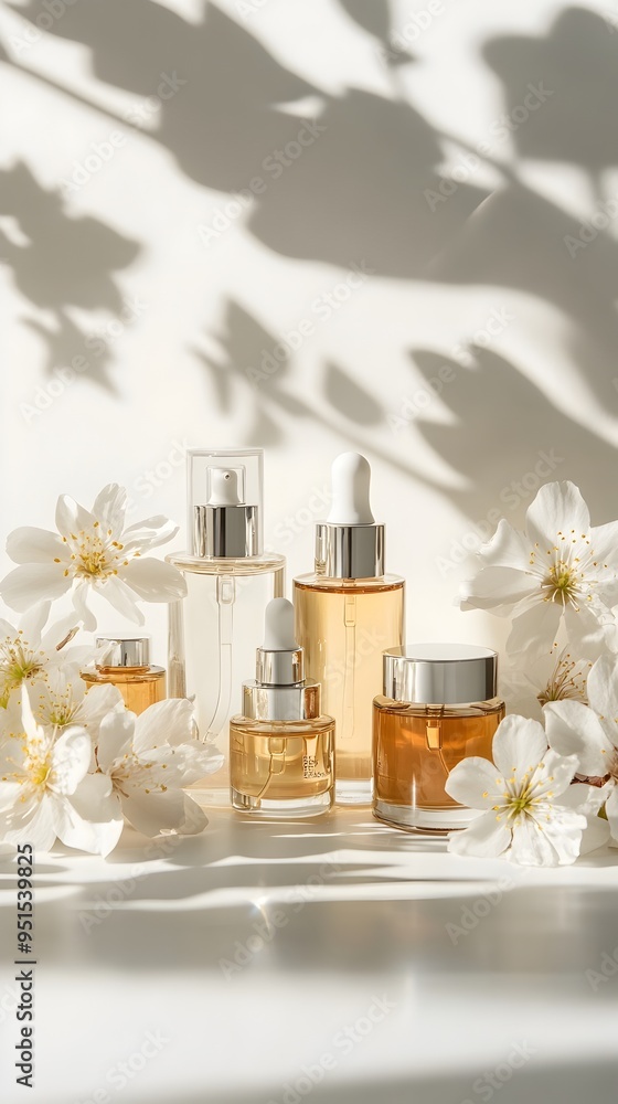 Elegant Skincare Collection Showcasing Luxurious Anti Aging Moisturizers and Facial Oils with Delicate Flower Petals Elegant Skincare Collection Showcasing Luxurious Anti Aging Moisturizers and Facial Oils with Delicate Flower Petals