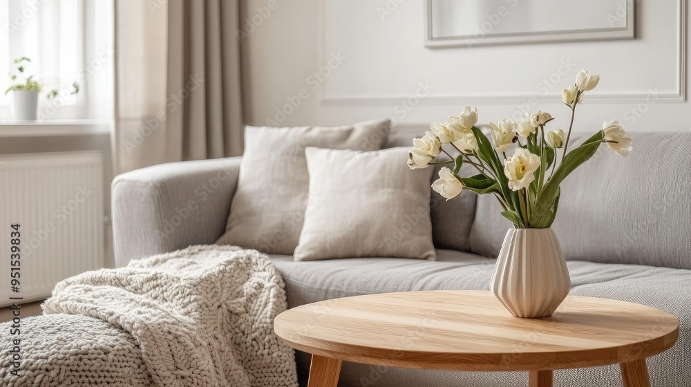 Minimalistic Scandinavian living room interior with a gray sofa, a wooden table with a flower vase, and neutral tones, creating a calm and inviting space. Minimalistic Scandinavian living room interior with a gray sofa, a wooden table with a flower vase, and neutral tones, creating a calm and inviting space.