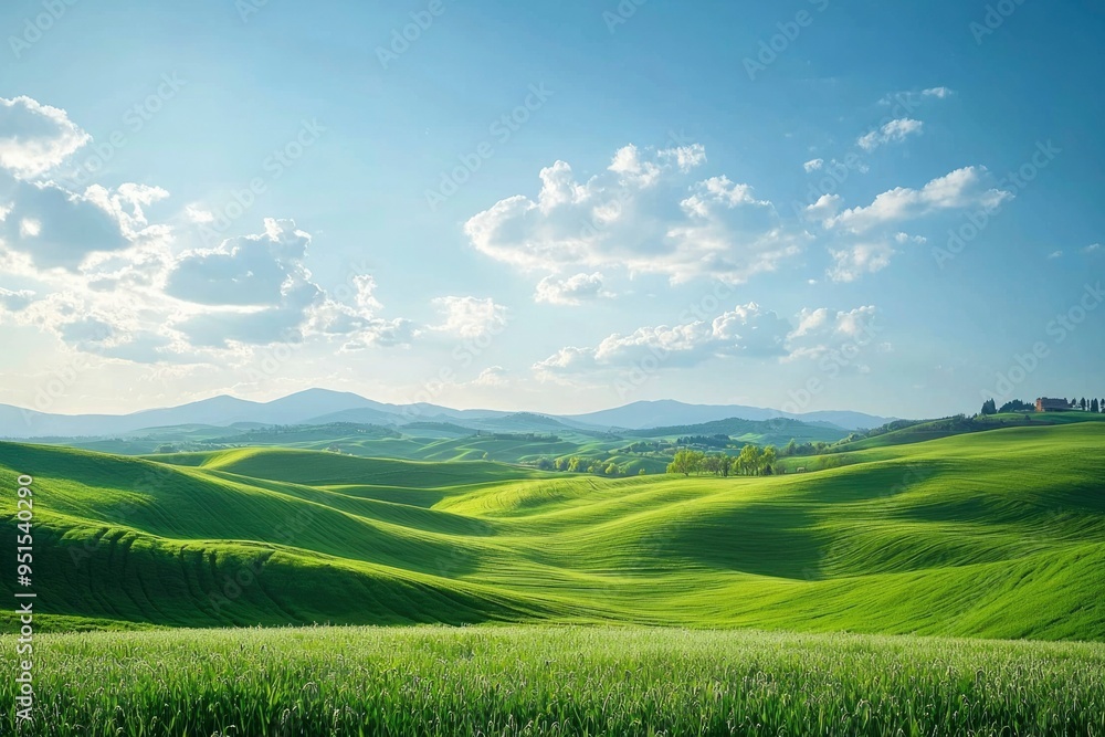 Obraz premium Rolling Green Hills Under a Blue Sky with White Clouds