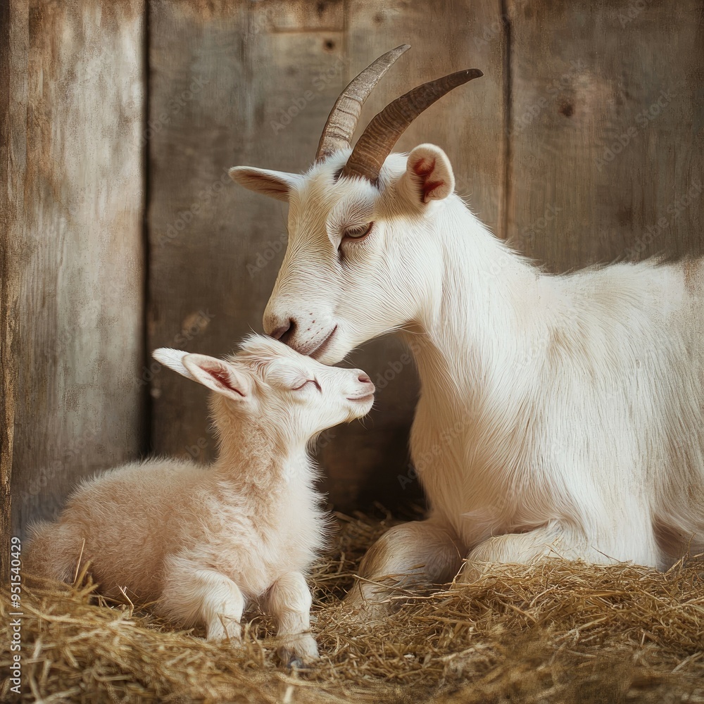 Mother goat softly nudging her newborn kid, a tender moment captured in a rustic farm setting Mother goat softly nudging her newborn kid, a tender moment captured in a rustic farm setting