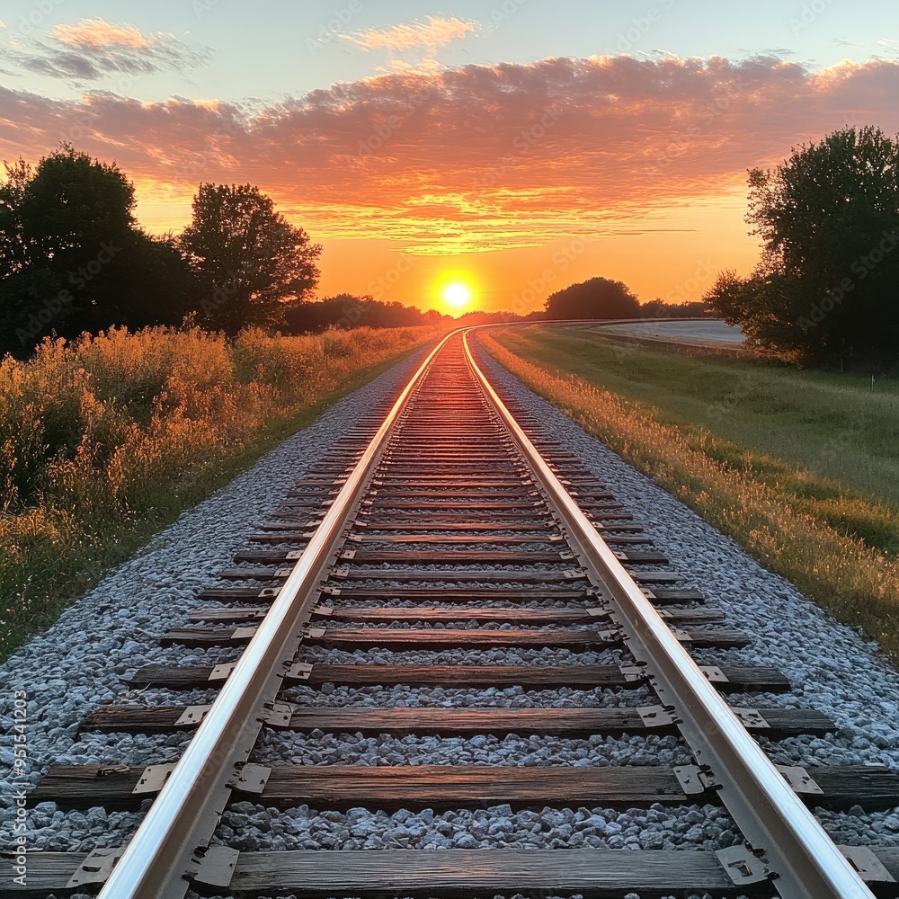 Railroad track stretching into the horizon, with a sunset casting warm light on the rails and the surrounding landscape Railroad track stretching into the horizon, with a sunset casting warm light on the rails and the surrounding landscape