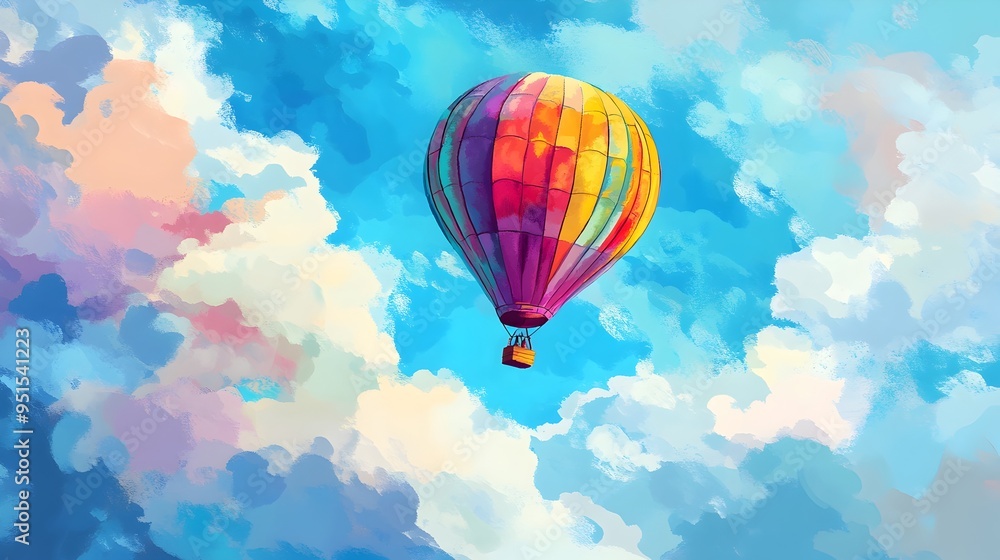 Naklejka premium Captivating Colorful Hot Air Balloon Soaring Through Whimsical Clouds in Digital