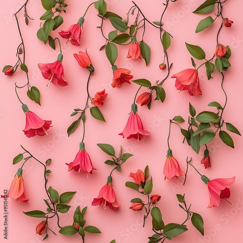 Red bellflowers scattered across a soft pink background, creating a contrast with their green leaves