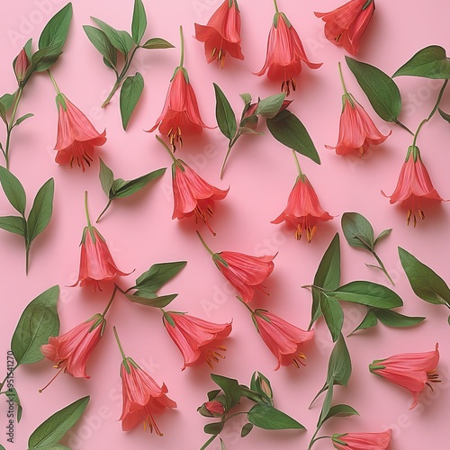 Red bellflowers scattered across a soft pink background, creating a contrast with their green leaves