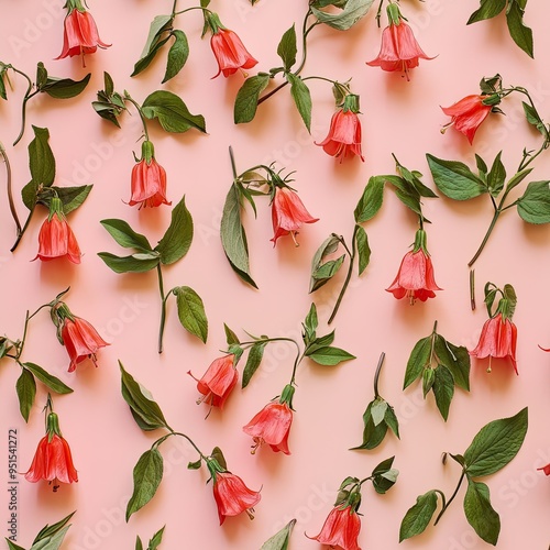 Red bellflowers scattered across a soft pink background, creating a contrast with their green leaves
