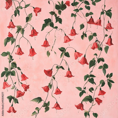 Red bellflowers scattered across a soft pink background, creating a contrast with their green leaves