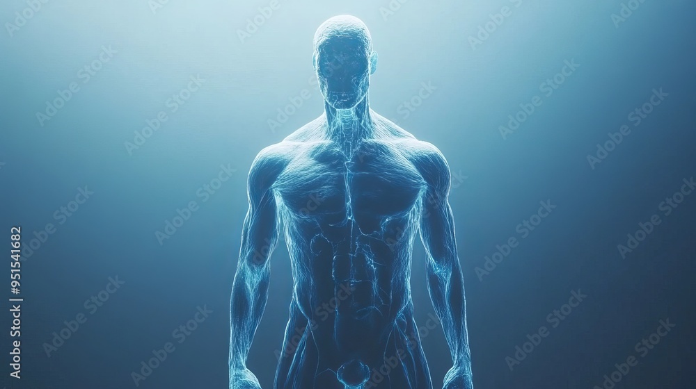 Illustration of a human figure with glowing outlines on a blue background Illustration of a human figure with glowing outlines on a blue background