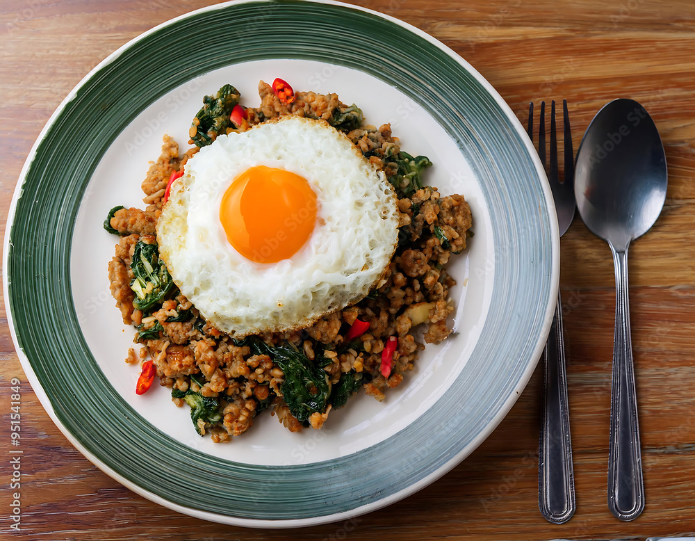 Classic Thai Basil Pork Stir-Fry with Rice and Fried Egg