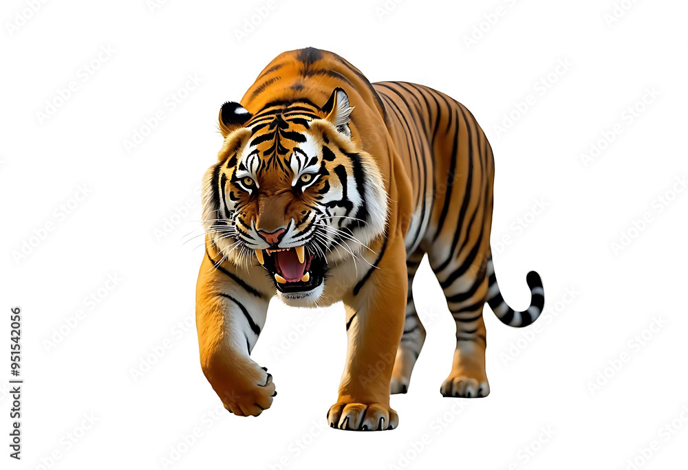 Obraz premium muscular Bengal tiger with its mouth open and teeth bared in a fierce roar on transparent background