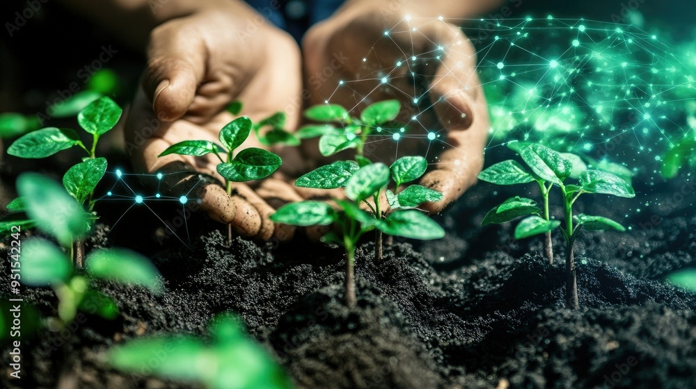 Seedlings in hands, with modern agriculture technology elements in the background, representing the future of sustainable farming. Seedlings in hands, with modern agriculture technology elements in the background, representing the future of sustainable farming.