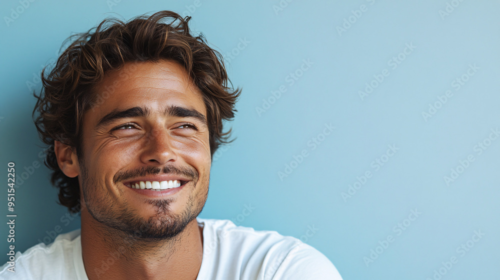 A handsome and attractive man in a white t-shirt is smiling and laughing on a pastel light blue background. A handsome and attractive man in a white t-shirt is smiling and laughing on a pastel light blue background.