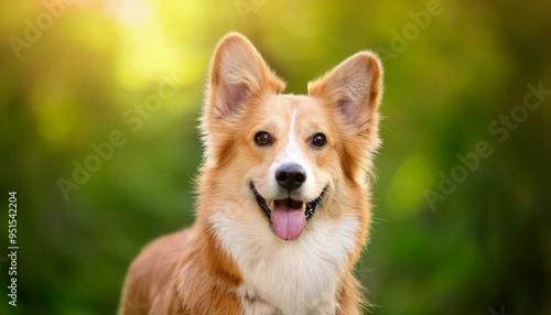 happy dog on blurred green background. portrait of a dog