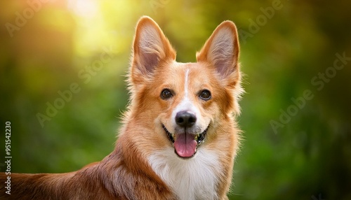 happy dog on blurred green background. portrait of a dog