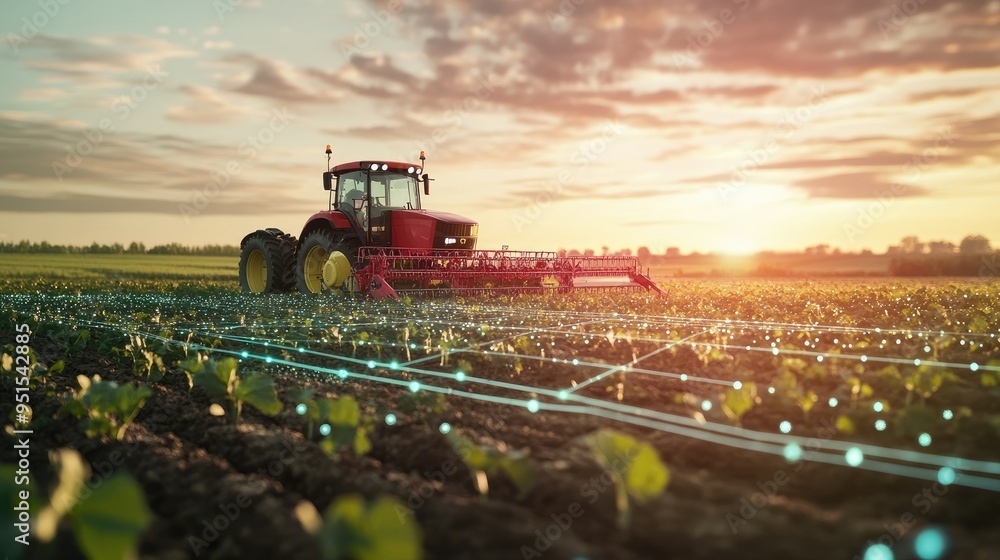 Fototapeta premium Smart farming technology in an expansive field, with data-driven tools and machines optimizing crop yield and efficiency.