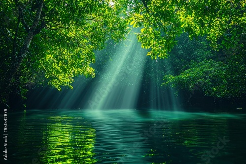 Sunbeams Illuminating a Tranquil Forest River