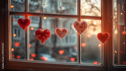 Valentines day romantic window decoration with lights and red hearts. Horizontal banner. photo