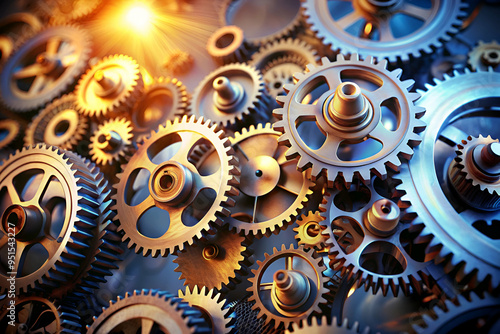 A close up of many gears with a bright light shining on them. The gears are all different sizes and shapes, and they are all connected to each other. Concept of complexity and interconnectedness