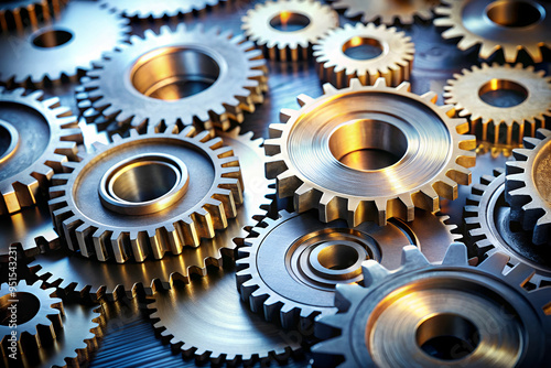 A close up of many gears with a metallic look. The gears are all different sizes and shapes, but they all have a similar appearance. Concept of complexity and precision