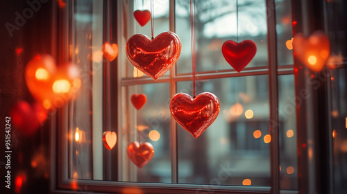 Valentines day romantic window decoration with lights and red hearts. Horizontal banner. photo