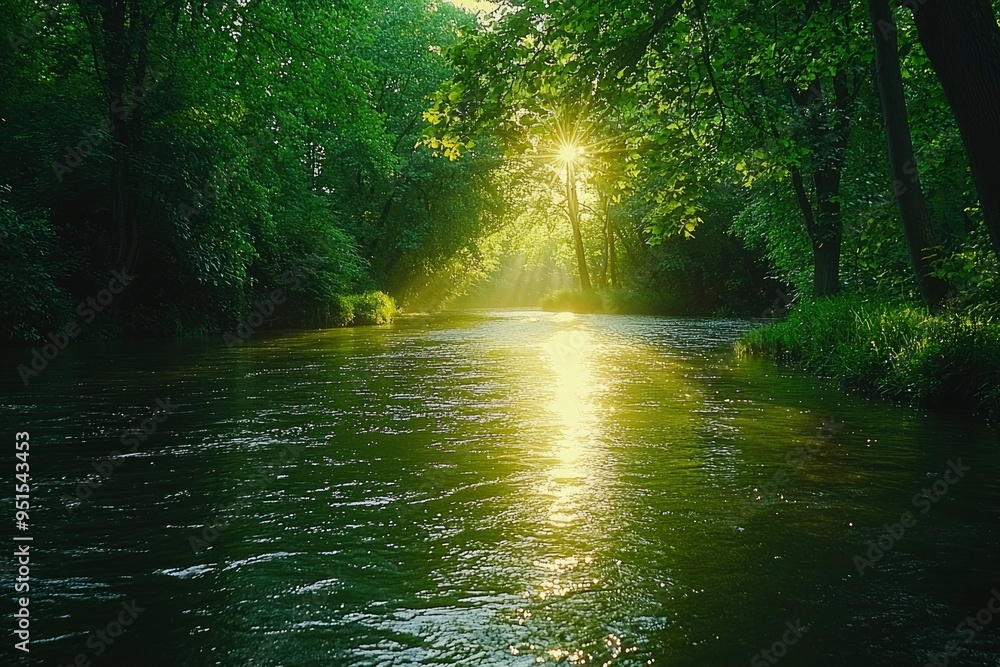 Sunbeams Illuminating a Tranquil Forest River Sunbeams Illuminating a Tranquil Forest River