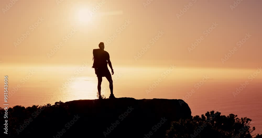 Person, silhouette and hiking on mountain at sunset with ocean, sky and mockup space on vacation in summer. Reflection, outdoor and fitness on hill with sea view, horizon and trekking in New Zealand Person, silhouette and hiking on mountain at sunset with ocean, sky and mockup space on vacation in summer. Reflection, outdoor and fitness on hill with sea view, horizon and trekking in New Zealand