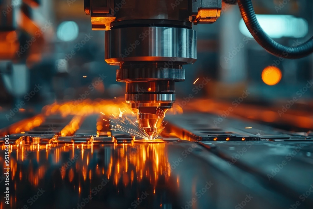 Industrial Laser Cutting Machine in Action with Sparks and Metal Industrial Laser Cutting Machine in Action with Sparks and Metal