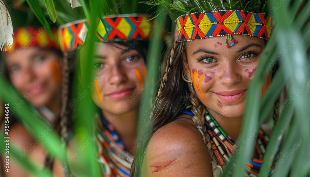 Proud woman in traditional feathered headdress showcases intricate face paint and jewelry in nature Proud woman in traditional feathered headdress showcases intricate face paint and jewelry in nature