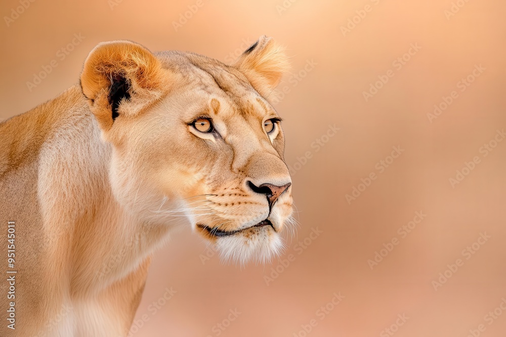 Fototapeta premium Close-up portrait of a lioness with soft lighting, showcasing her sharp eyes and serene expression in a warm-toned backdrop.