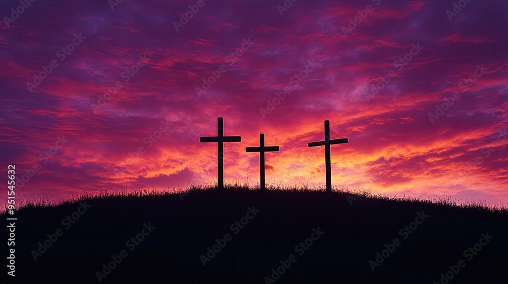 Obraz premium The silhouette of three crosses on a hill, representing crucifixion, against a dramatic sunset sky with vibrant, fiery colors.