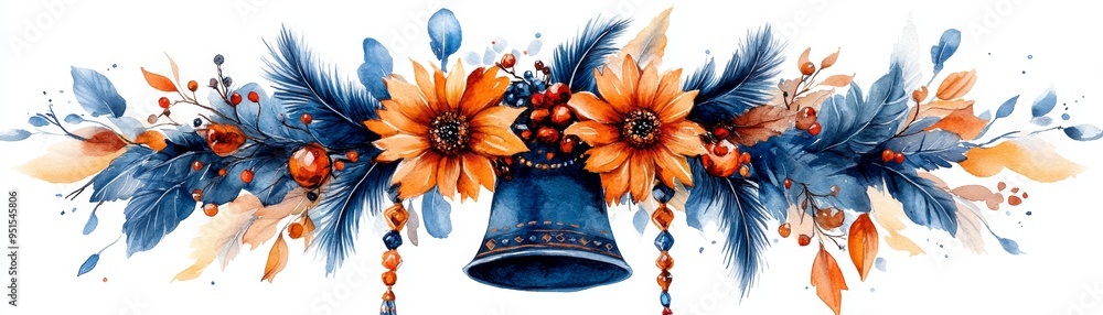 Naklejka premium Vibrant floral arrangement featuring orange sunflowers and blue accents, perfect for festive decoration and celebration themes.