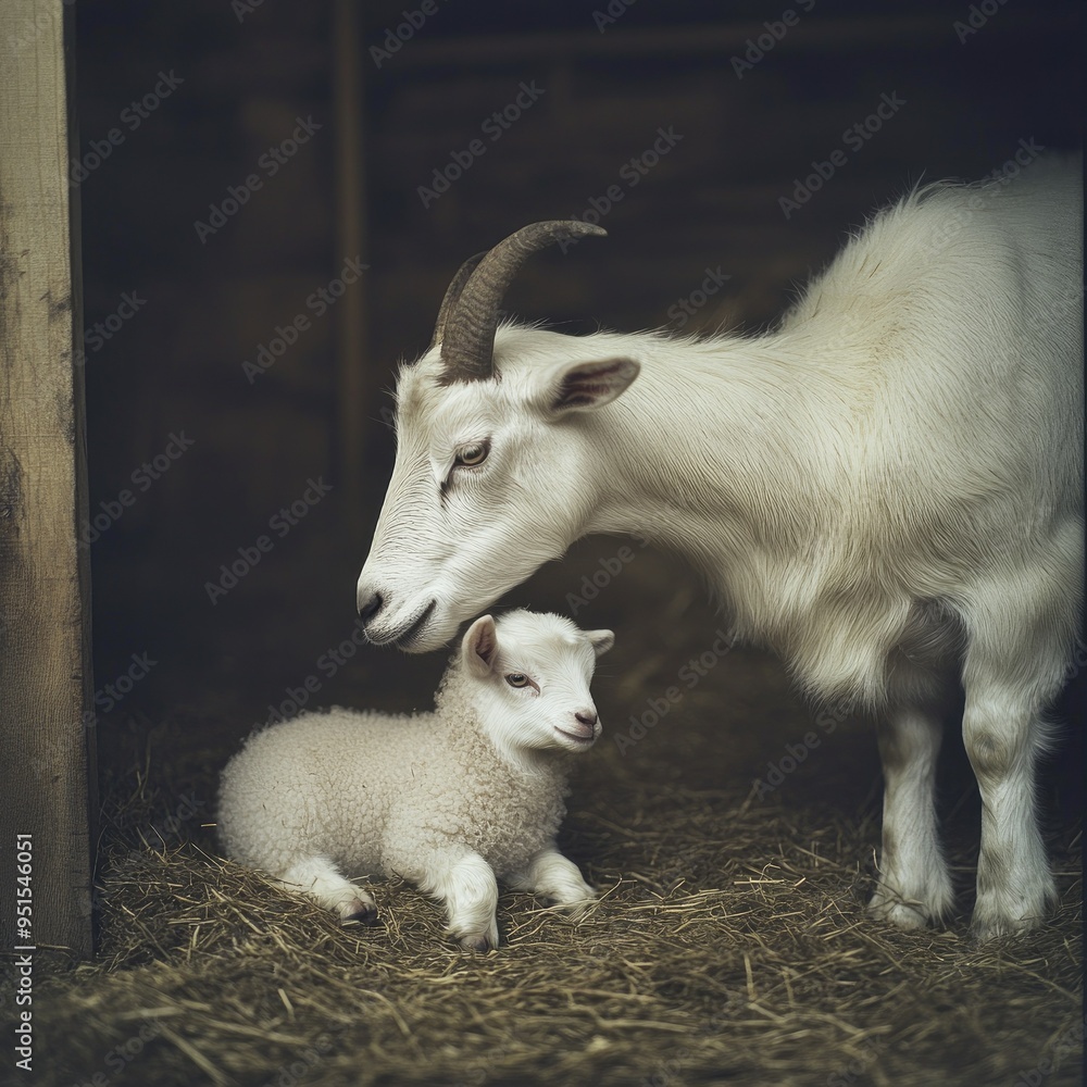 The tender bond between a white goat and her newborn kid, captured in a quiet barnyard scene The tender bond between a white goat and her newborn kid, captured in a quiet barnyard scene