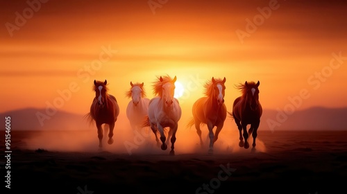 Dramatic sunset scene with five horses galloping through dust, showcasing power and beauty in nature.