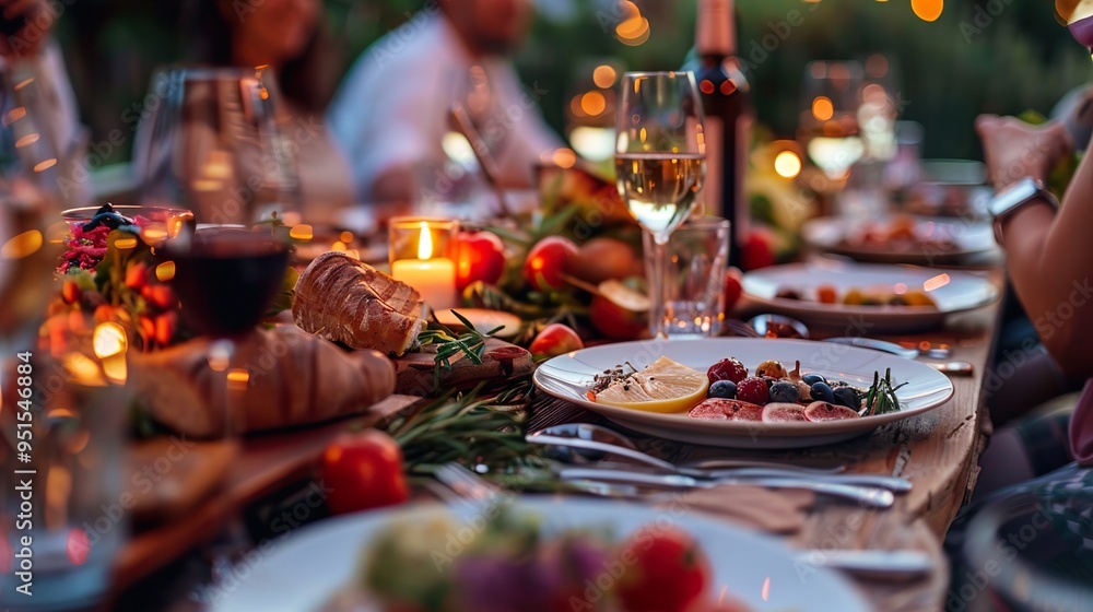Rustic Dinner Table Setting with Fresh Fruit and Wine Rustic Dinner Table Setting with Fresh Fruit and Wine