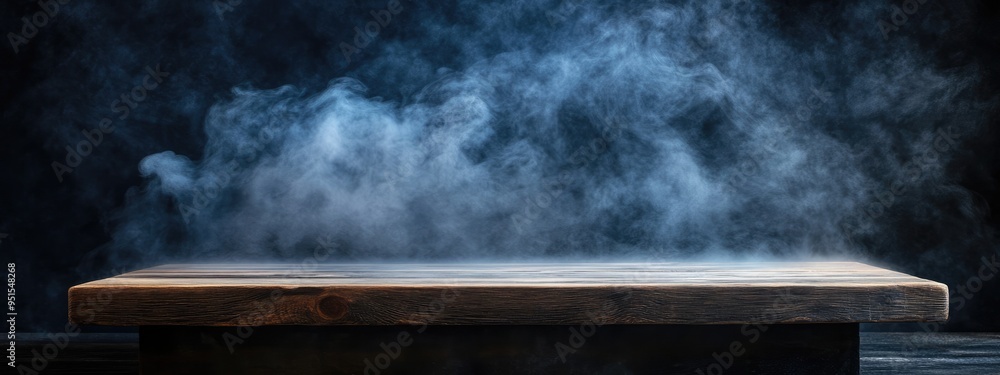 Empty Wooden Table with Smoke Floating Up on Dark Background Empty Wooden Table with Smoke Floating Up on Dark Background