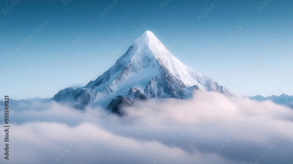 Majestic snow-capped mountain peak rising above soft clouds in a breathtaking blue sky, evoking adventure and tranquility. Majestic snow-capped mountain peak rising above soft clouds in a breathtaking blue sky, evoking adventure and tranquility.