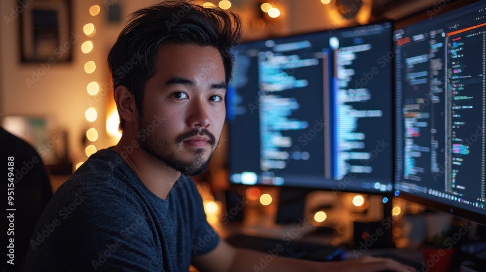 Young Programmer Working Late at Night on Computer Code Young Programmer Working Late at Night on Computer Code